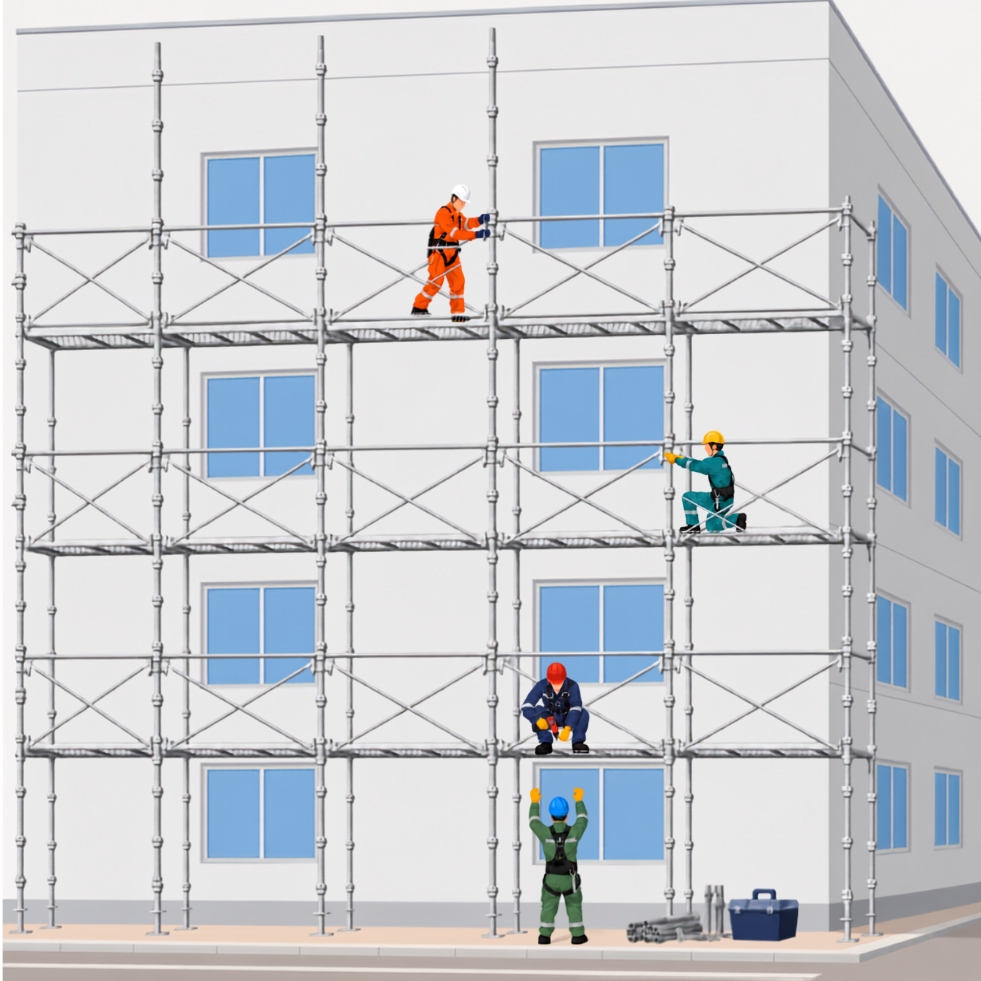 足場を組み立てる作業員のイラスト